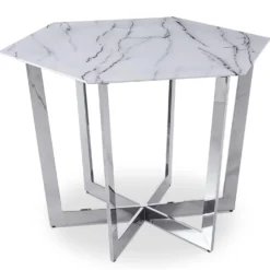 Table hexagonale 120cm Zadig Verre Effet marbre blanc et pied Métal Argent