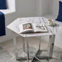 Table hexagonale 120cm Zadig Verre Effet marbre blanc et pied Métal Argent