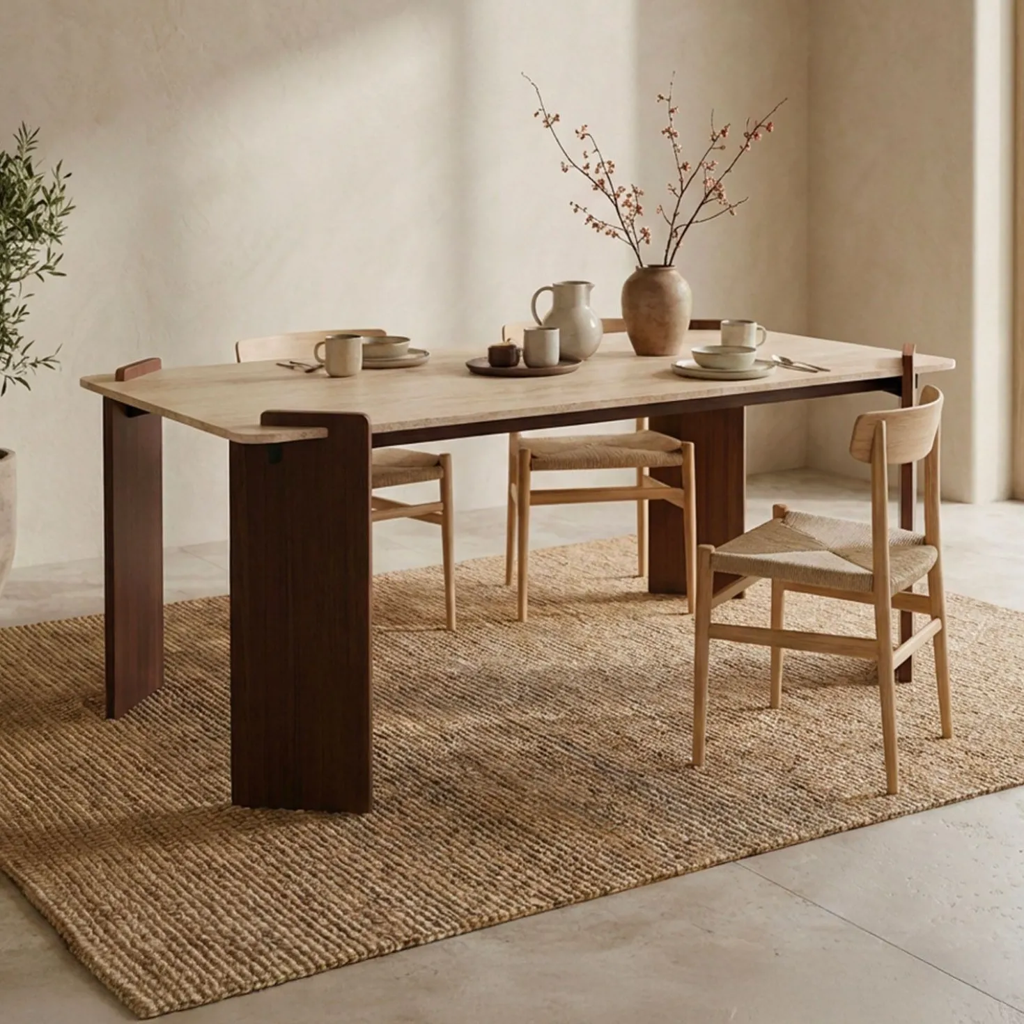 Table à manger au design Art Déco Cezanne 80x190cm Effet travertin Beige et Bois foncé