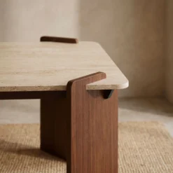 Table à manger au design Art Déco Cezanne 80x190cm Effet travertin Beige et Bois foncé
