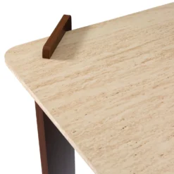 Table à manger au design Art Déco Cezanne 80x190cm Effet travertin Beige et Bois foncé