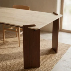 Table à manger au design Art Déco Cezanne 80x190cm Effet travertin Beige et Bois foncé