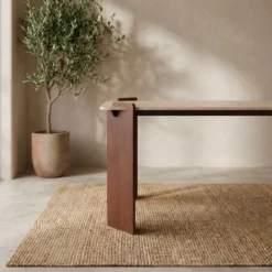 Table à manger au design Art Déco Cezanne 80x190cm Effet travertin Beige et Bois foncé