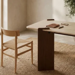 Table à manger au design Art Déco Cezanne 80x190cm Effet travertin Beige et Bois foncé