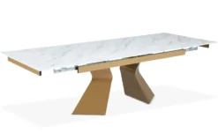 Table à manger extensible Icaria en Verre effet Marbre Blanc et pieds Or