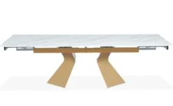 Table à manger extensible Icaria en Verre effet Marbre Blanc et pieds Or