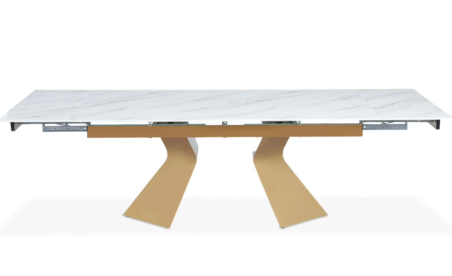 Table à manger extensible Icaria en Verre effet Marbre Blanc et pieds Or