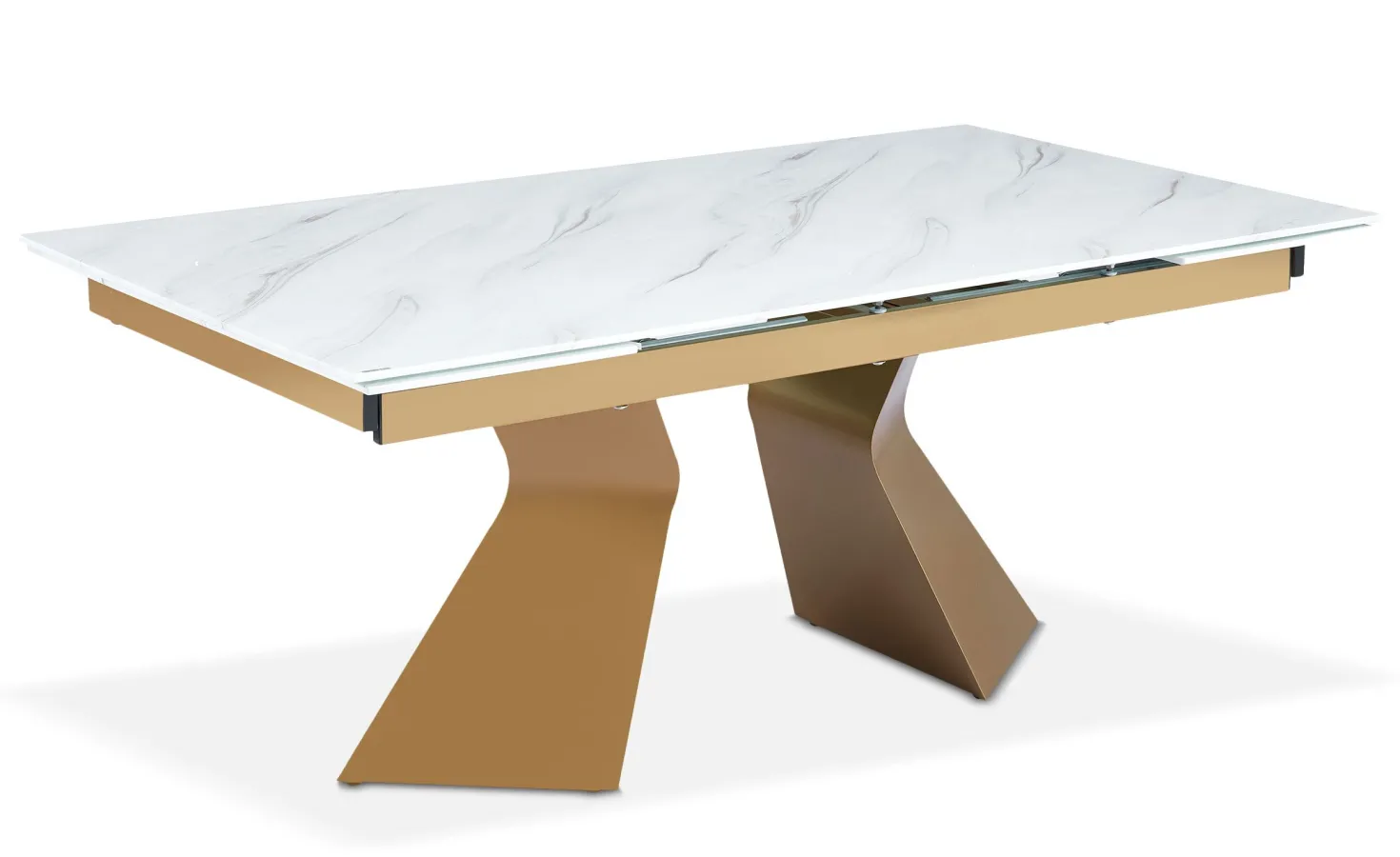 Table à manger extensible Icaria en Verre effet Marbre Blanc et pieds Or