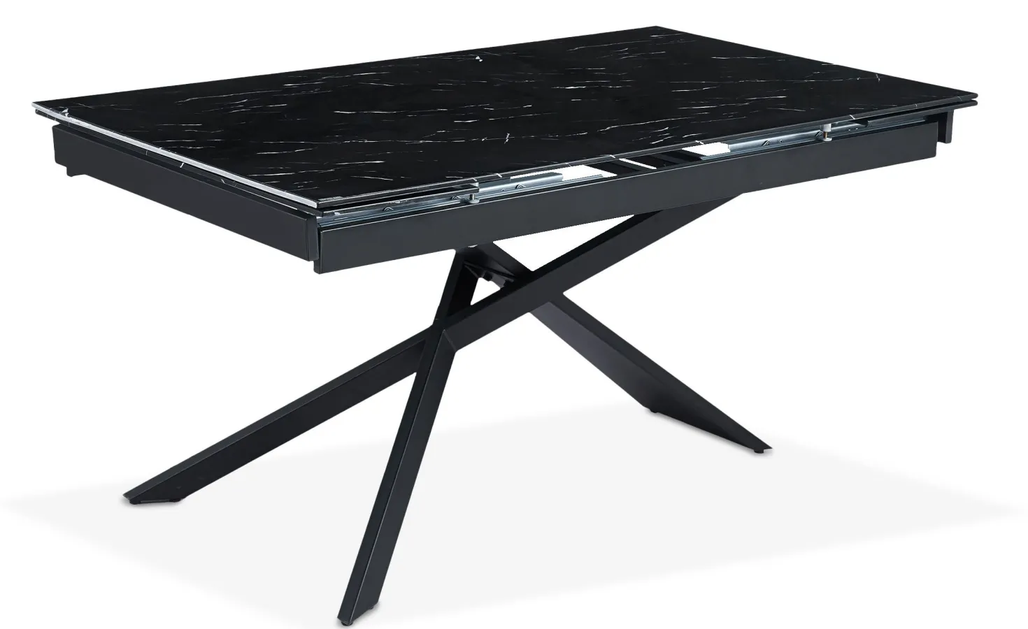 Table à manger extensible Ismael en Verre effet marbre noir et pieds Métal Noir