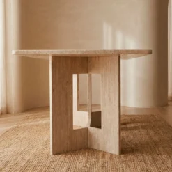 Table à manger rectangulaire Roselia 90x180cm Effet travertin Beige