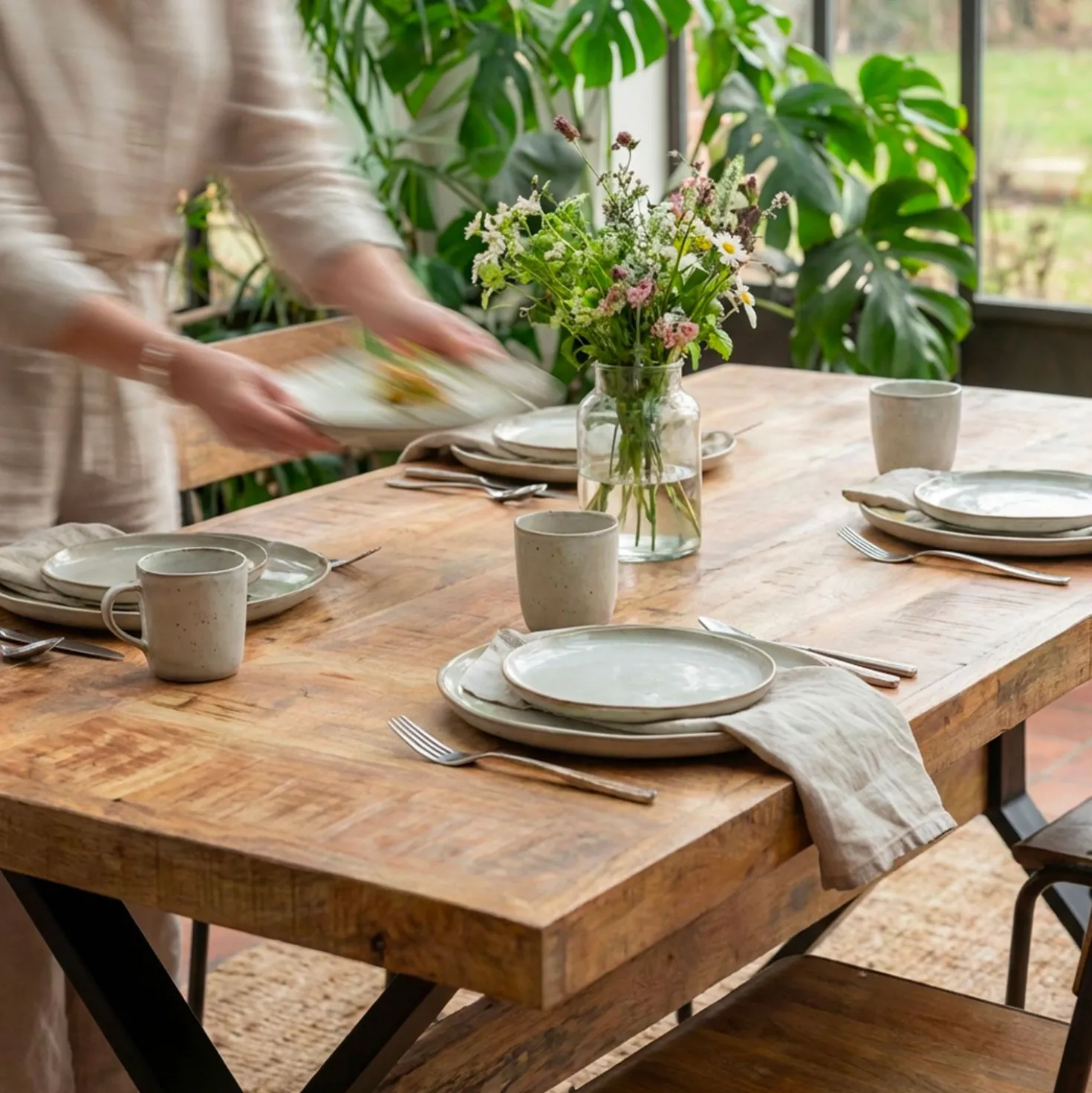 Table à manger rectangulaire style industriel 150cm Rustica Bois de manguier et Métal Noir