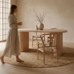 Table ovale Burundi avec pieds design style colonnes Effet travertin Beige