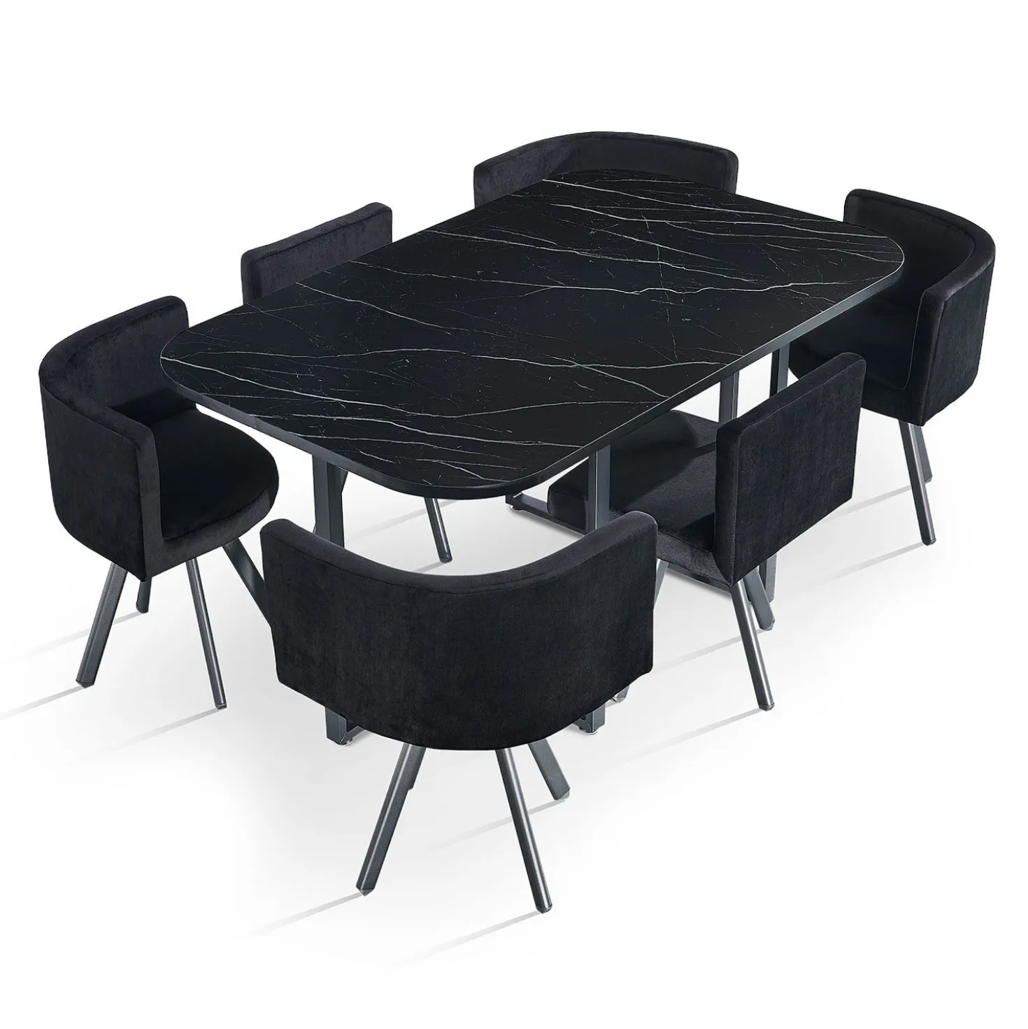 Table rectangulaire 150cm avec 6 chaises gain de place Oslo XL Effet marbre noir et Velours Noir