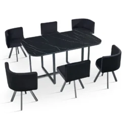 Table rectangulaire 150cm avec 6 chaises gain de place Oslo XL Effet marbre noir et Velours Noir