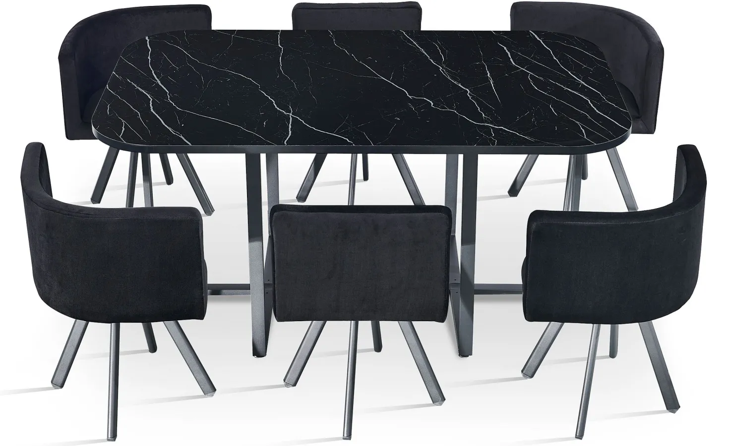 Table rectangulaire 150cm avec 6 chaises gain de place Oslo XL Effet marbre noir et Velours Noir
