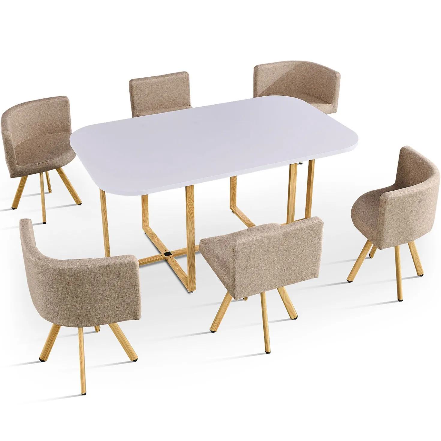 Table rectangulaire 150cm avec 6 chaises gain de place Oslo Blanc et Tissu Taupe