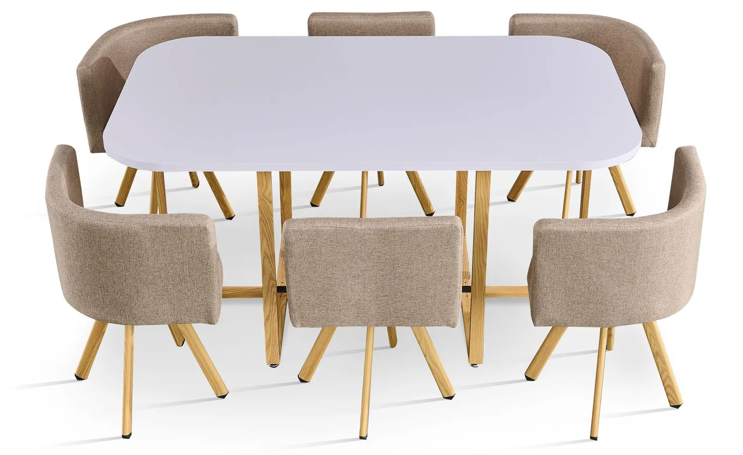 Table rectangulaire 150cm avec 6 chaises gain de place Oslo Blanc et Tissu Taupe