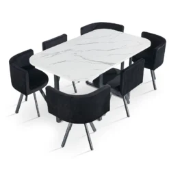Table rectangulaire 150cm avec 6 chaises gain de place Oslo XL Effet marbre blanc et Velours Noir