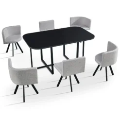 Table rectangulaire 150cm avec 6 chaises gain de place Oslo Noir et Tissu Gris