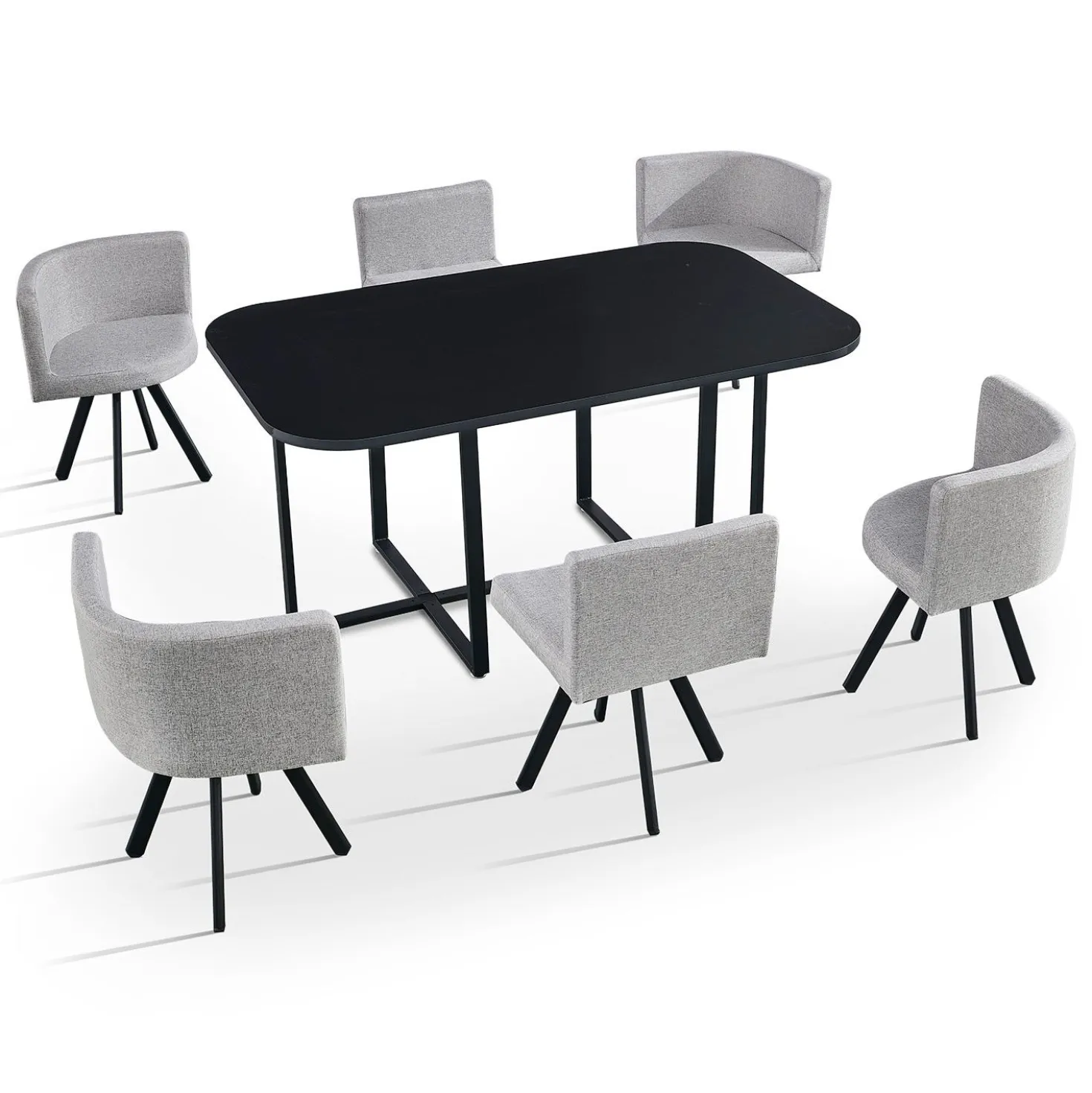 Table rectangulaire 150cm avec 6 chaises gain de place Oslo Noir et Tissu Gris