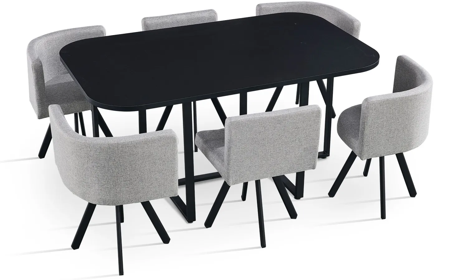 Table rectangulaire 150cm avec 6 chaises gain de place Oslo Noir et Tissu Gris