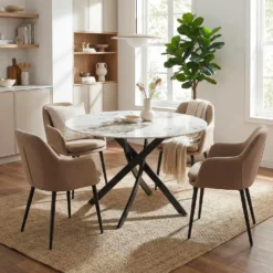 Table ronde Bangui 120cm Céramique effet marbre Blanc et pieds croisés Métal Noir