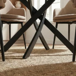 Table ronde Bangui 120cm Céramique effet marbre Blanc et pieds croisés Métal Noir