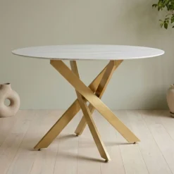 Table ronde Corix Verre effet Marbre Blanc et pieds Or