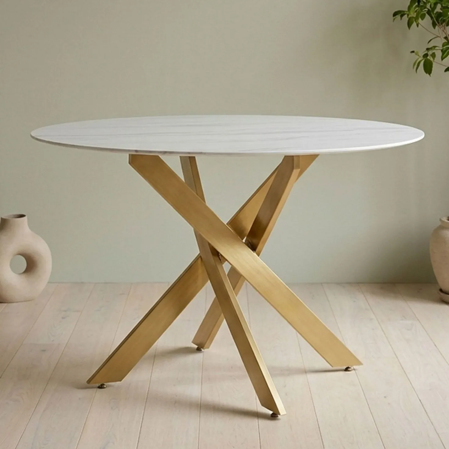 Table ronde Corix Verre effet Marbre Blanc et pieds Or