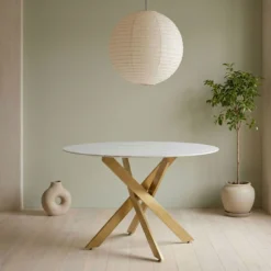 Table ronde Corix Verre effet Marbre Blanc et pieds Or