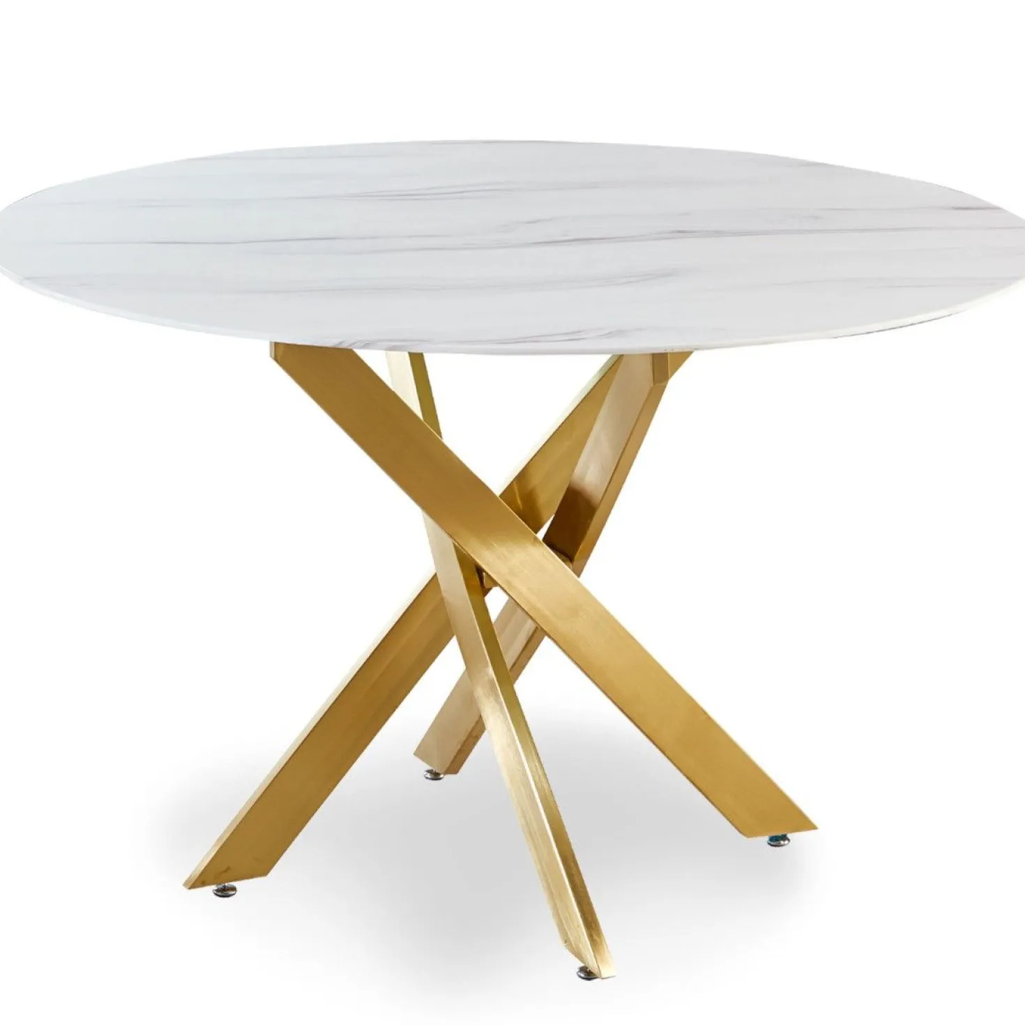 Table ronde Corix Verre effet Marbre Blanc et pieds Or