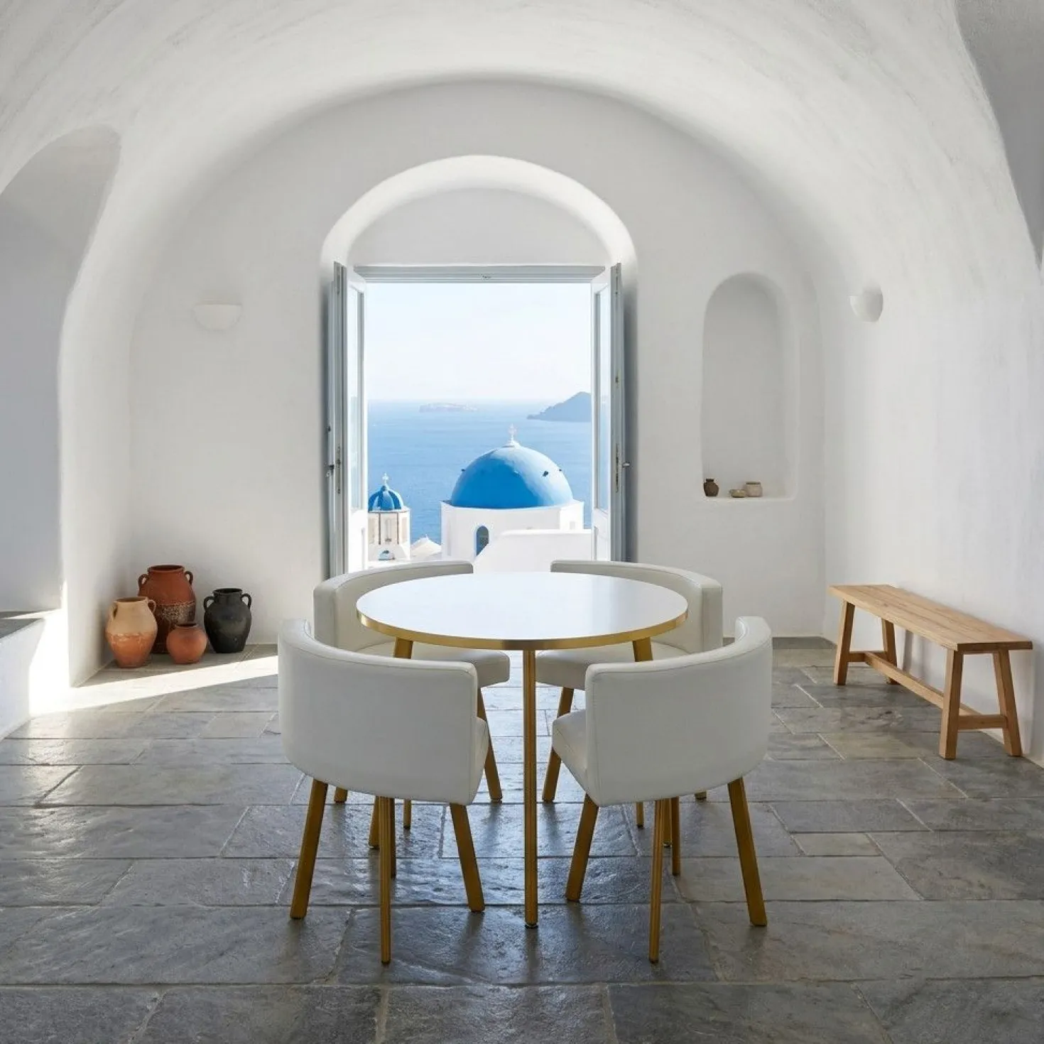Table ronde et chaises Riga Blanc et Simili Blanc