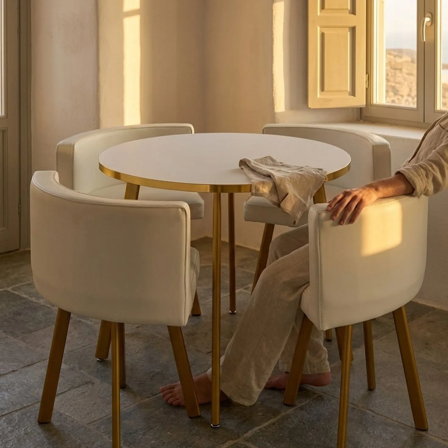 Table ronde et chaises Riga Blanc et Simili Blanc
