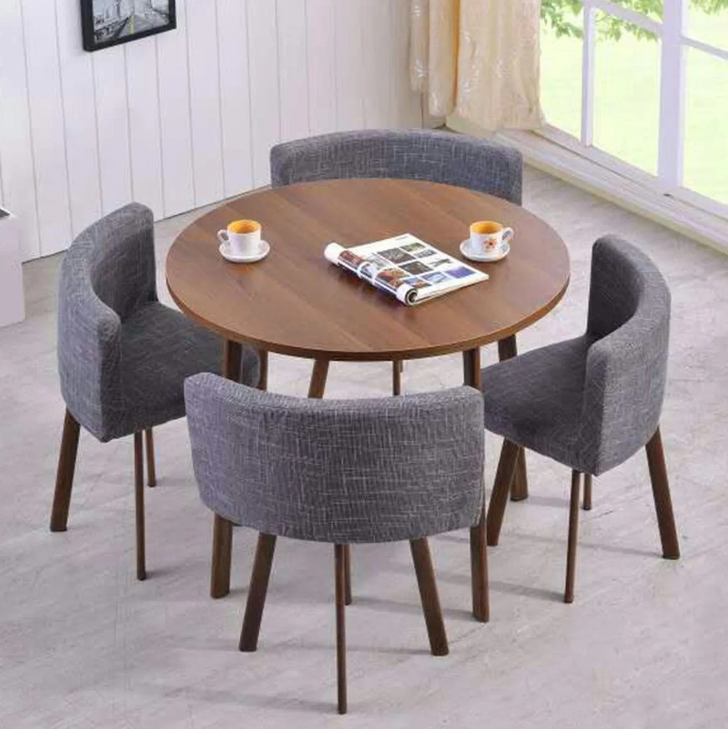 Table ronde et chaises Riga Chêne Foncé et Tissu Gris