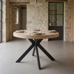Table ronde extensible 110-260cm Myriade Effet travertin Beige et Noir