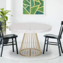 Table ronde extensible Soare Effet Marbre pieds Or