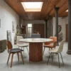 Table ronde moderne 120cm Églantine Céramique effet marbre blanc et pied colonne strié