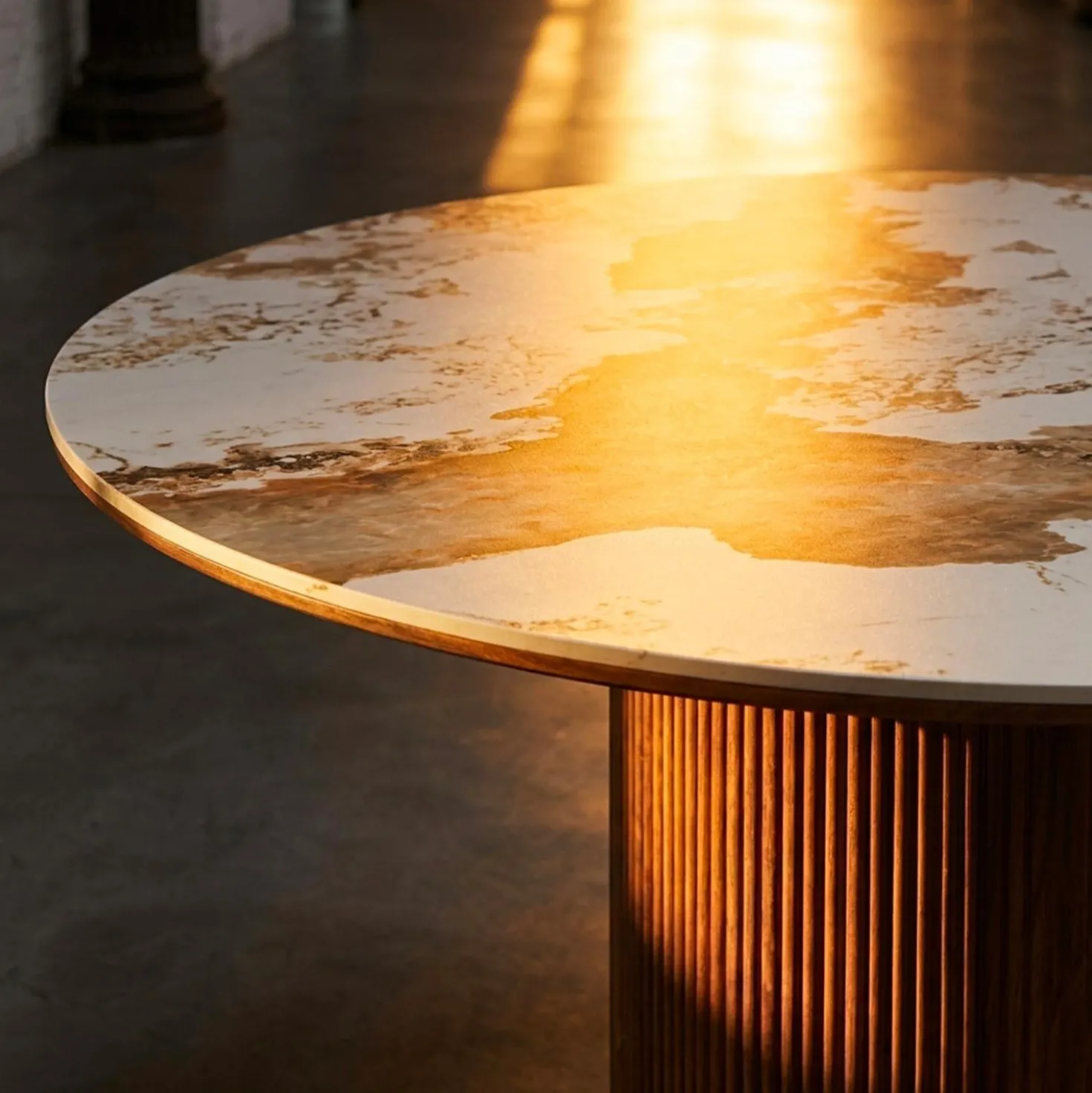 Table ronde moderne 120cm Églantine Céramique effet marbre blanc et pied colonne strié