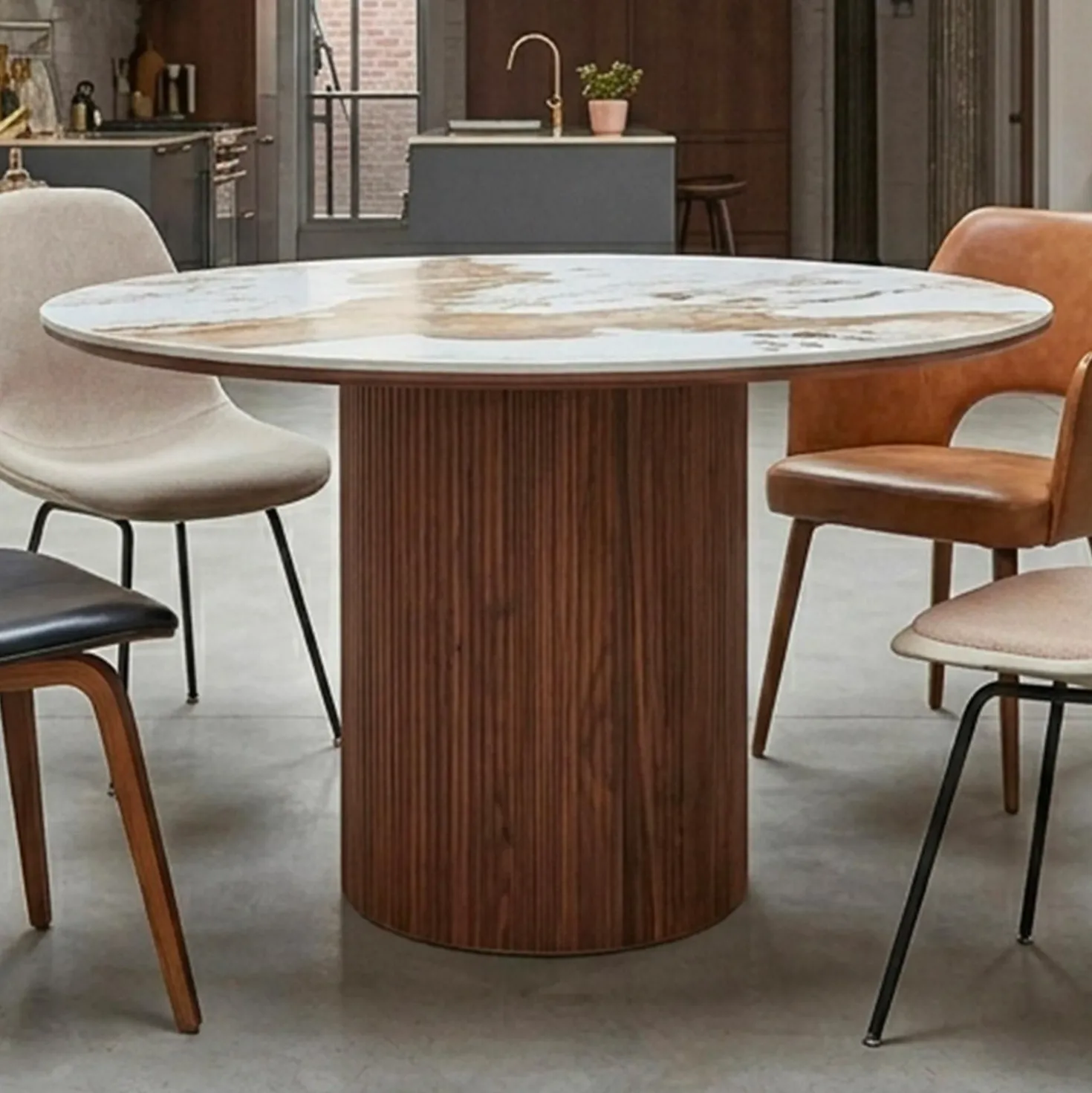 Table ronde moderne 120cm Églantine Céramique effet marbre blanc et pied colonne strié