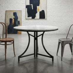 Table ronde pliante gain de place Foldine Ø80cm Métal Noir et Effet marbre Blanc