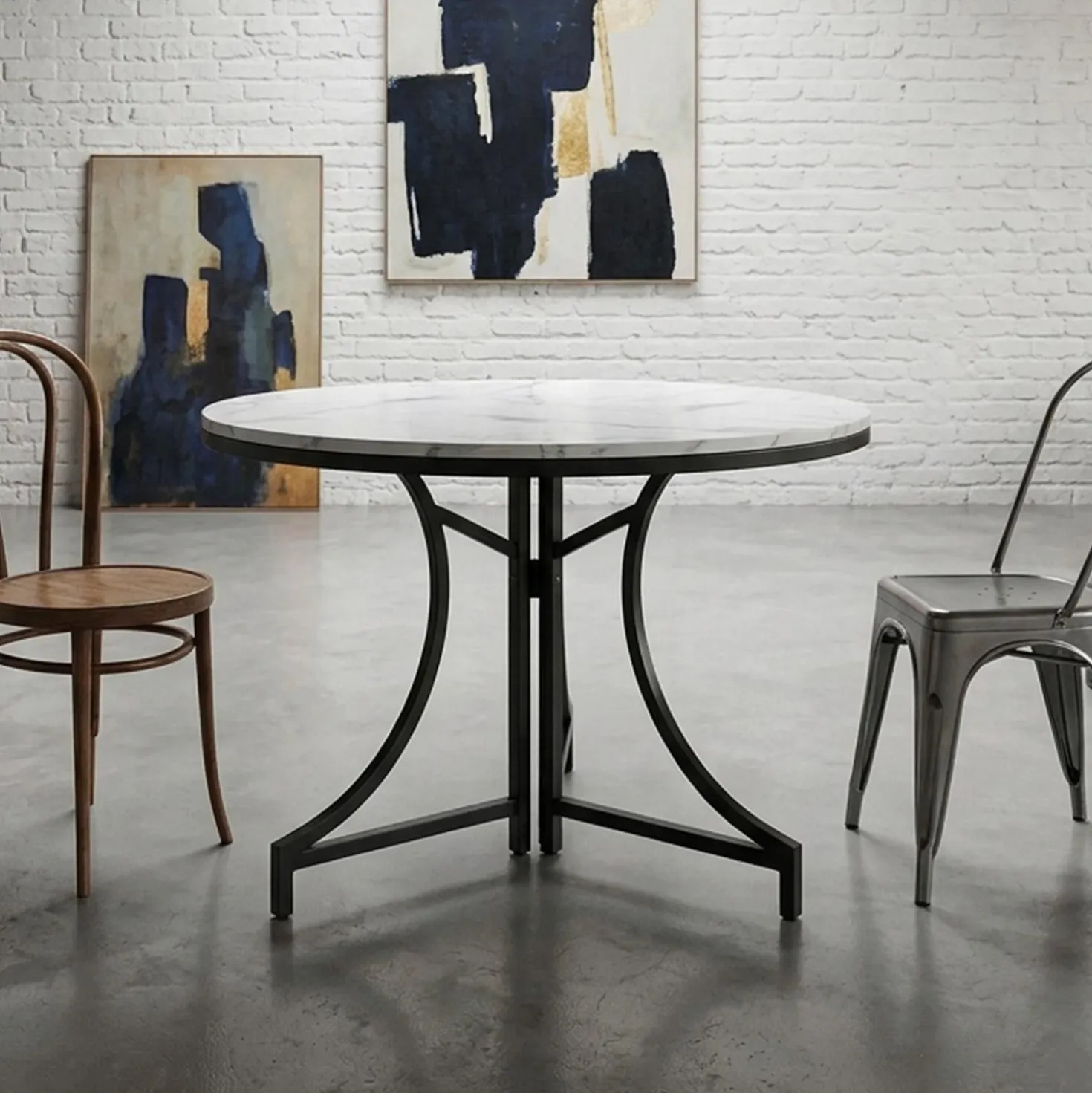 Table ronde pliante gain de place Foldine Ø80cm Métal Noir et Effet marbre Blanc