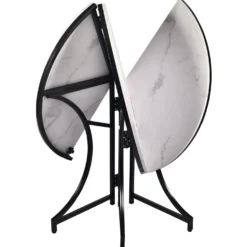 Table ronde pliante gain de place Foldine Ø80cm Métal Noir et Effet marbre Blanc
