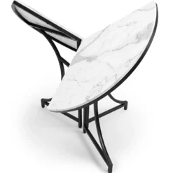 Table ronde pliante gain de place Foldine Ø80cm Métal Noir et Effet marbre Blanc