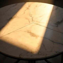 Table ronde pliante gain de place Foldine Ø80cm Métal Noir et Effet marbre Blanc