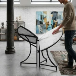 Table ronde pliante gain de place Foldine Ø80cm Métal Noir et Effet marbre Blanc