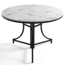 Table ronde pliante gain de place Foldine Ø80cm Métal Noir et Effet marbre Blanc