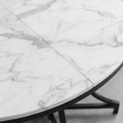 Table ronde pliante gain de place Foldine Ø80cm Métal Noir et Effet marbre Blanc