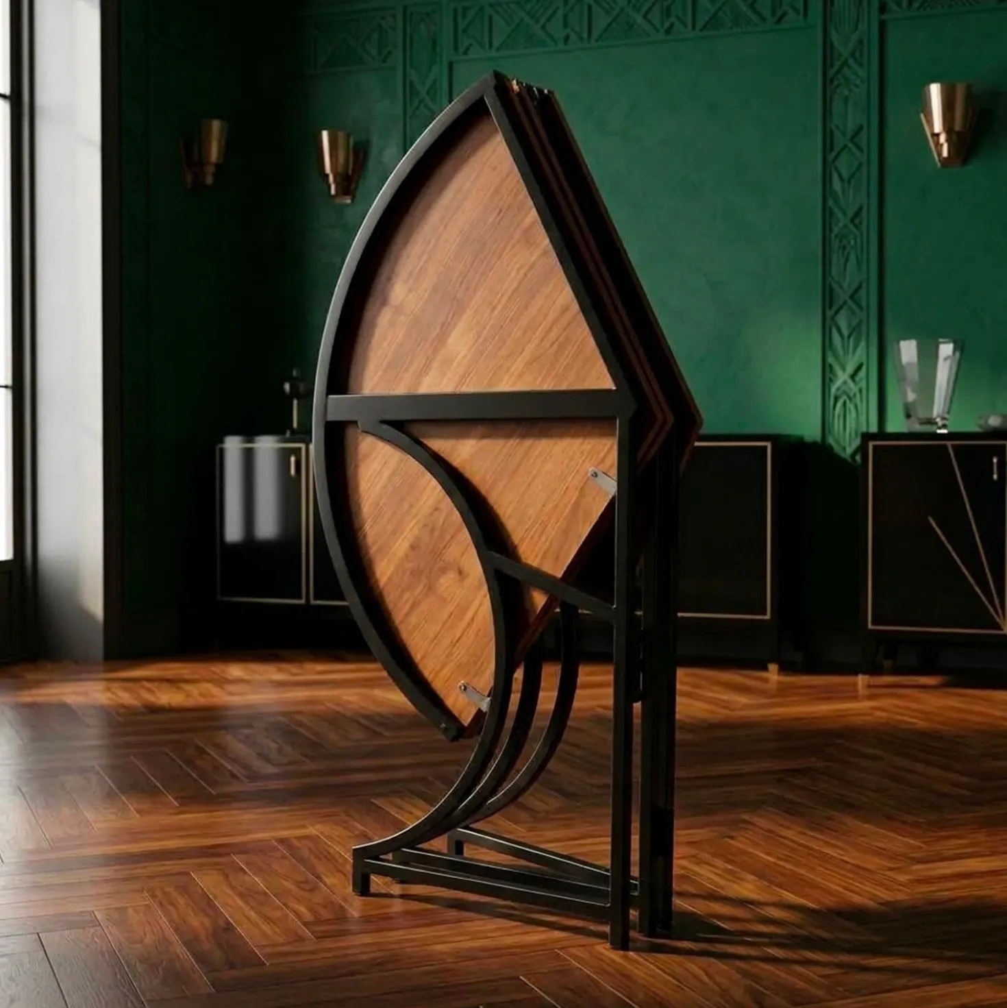 Table ronde pliante gain de place Foldine Ø100cm Métal Noir et Bois noisette