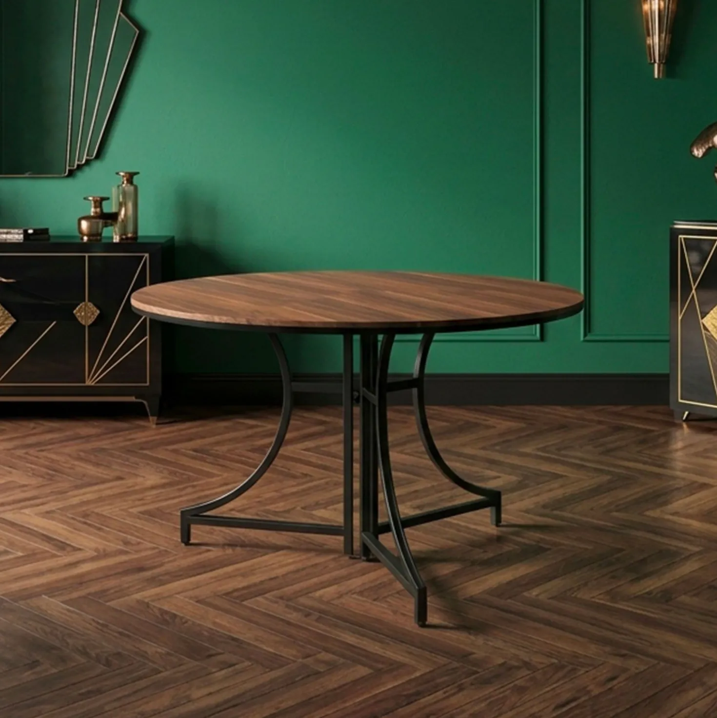 Table ronde pliante gain de place Foldine Ø100cm Métal Noir et Bois noisette