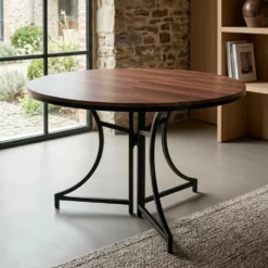 Table ronde pliante gain de place Foldine Ø80cm Métal Noir et Bois noisette
